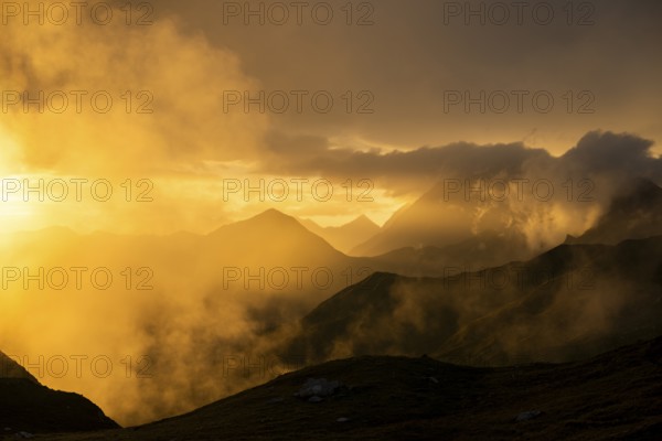 Montafon mountains with dramatic cloudy sky at sunset, Tschagguns, Rätikon, Montafon, Vorarlberg,
