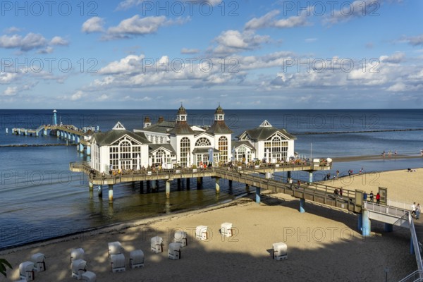 The Sellin pier, 394 metres long, with restaurant, jetty, beach chairs, island of Rügen,