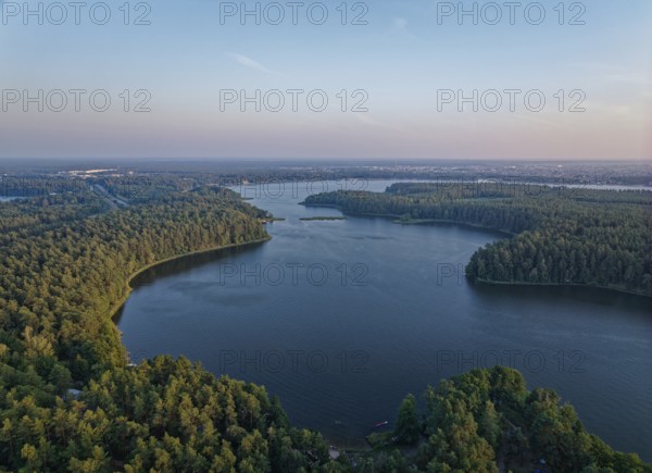 Aerial view of Lake Rospuda in the evening in northern Poland. Augustow, Podlaskie, Poland, Europe