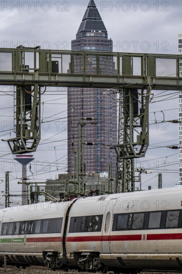 ICE train on the track in front of the main station of Frankfurt am Main, Skyline, Hesse, Germany,