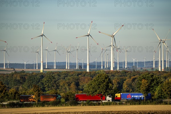 Wind farm near Bad Wünnenberg, OWL, A44 motorway, HGV traffic, North Rhine-Westphalia, Germany,