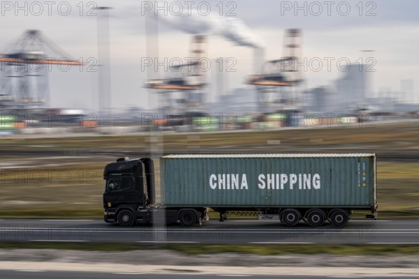 Container lorry, bringing containers to Euromax Container Terminal, the seaport of Rotterdam,