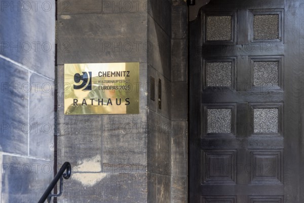 New Chemnitz City Hall, city administration. Door sign with the inscription European Capital of