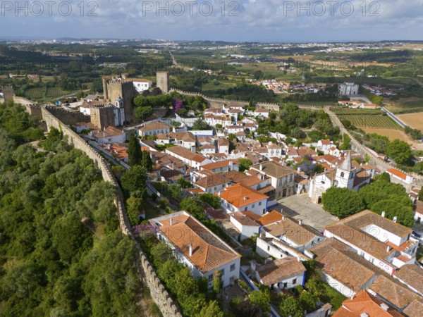 Aerial view of a historic town with red roofs, surrounded by castle walls and embedded in a green