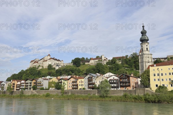 Panorama of the old town with river Salzach and castle, Burghausen, district of Altötting, Upper
