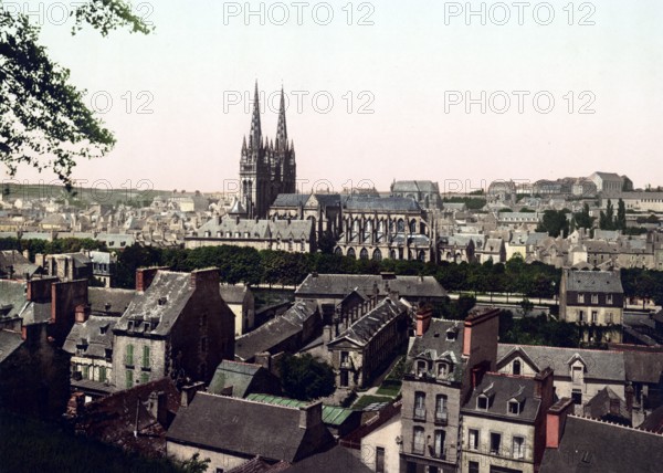 The town of Quimper in Brittany, France, 1890, Historical, digitally restored reproduction from a