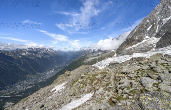 View of the valley with the village of Chamonix, La Jonction, Chamonix, Haute-Savoie, France,