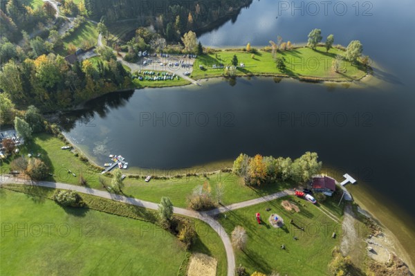 Sports facility and bathing area, lake Rottachsee, at village Petersthal, autumn, aerial view,