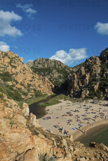 Red rocks and picturesque beach, Spiaggia di Cala li Cossi, Costa Paradiso, Sardinia, Italy, Europe