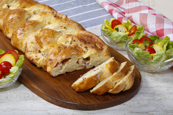 Swabian cuisine, hearty yeast plait with smoked meat, salty wreath bread, yeast yeast dough pastry,