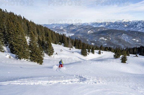 Skiers skiing down the Simetsberg, view of Walchensee and mountain panorama, Estergebirge, Bavarian