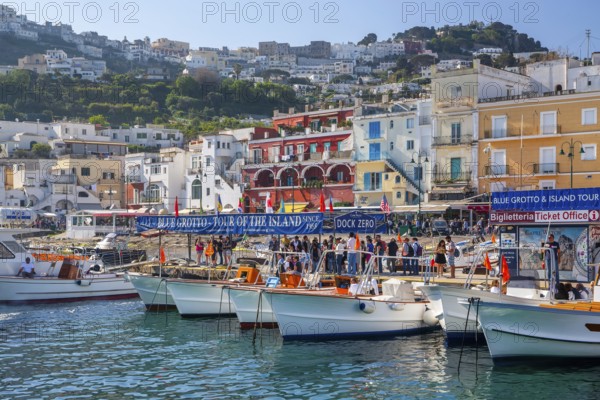 Waterfront at the Marina Grande boat harbour with excursion boats, Capri, Campanian Archipelago,