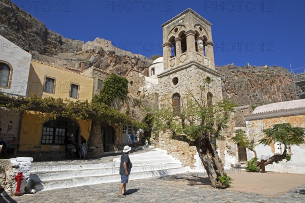 Main square of the lower town with the bell tower of the Byzantine Greek Orthodox Church of Christ