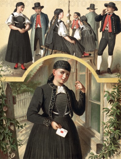 Traditional costumes in Germany around 1820, Württemberg, Schwenningen, woman in black traditional