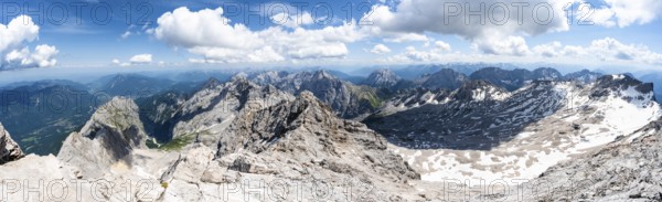Panorama, rocky steep mountain landscape, mountain panorama from the summit of the Zugspitze, view