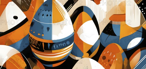 Illustration of an abstract Easter egg design with geometric patterns, bold colors, and a mix of