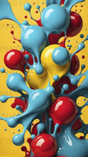 Abstract image with vibrant blue and red blobs and liquid shapes on a yellow background, AI