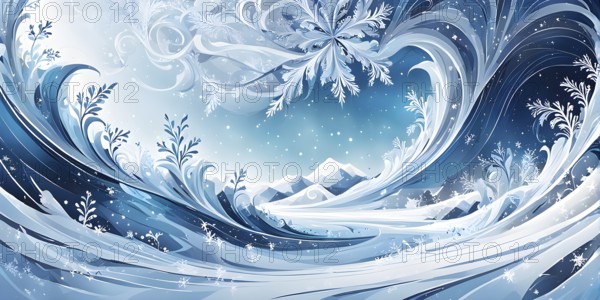 Abstract illustration of dreamy, icy landscape with swirling blues, whites, and silvers, evoking