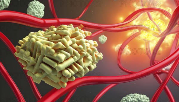Three dimensional render of cholesterol in blood stream, AI generated