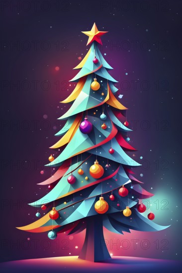 Abstract Christmas tree illustration with vibrant colors and geometric shapes, AI generated