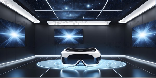 Three dimensional render of virtual reality glasses in a digital room, AI generated