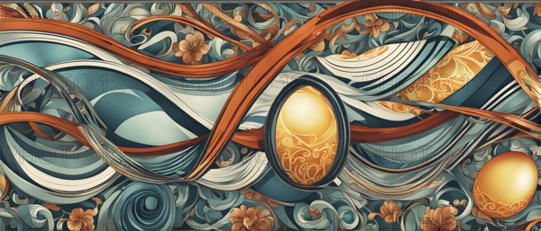 A whimsical abstract pattern with intertwined ribbons, eggs, and floral motifs, with a mix of sharp