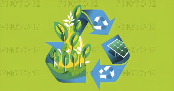 Recycling symbol morphing into growing plants and solar cells to symbolize the transformation of