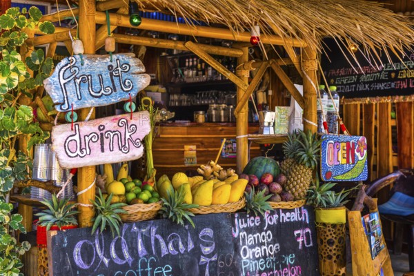 Fruit stand with cocktail, hint, board, drink, info, information, design, food, fruit, beach bar,