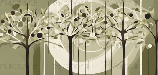 Abstract geometric tree with a circular canopy and a rectangular trunk, arranged in a clean,