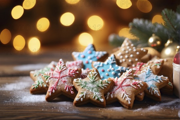 A detailed shot of Christmas cookies on a wooden table, featuring star-shaped cookies with colorful