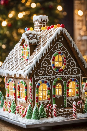Gingerbread house decorations, focusing on the intricate icing details, colorful candy, and soft,