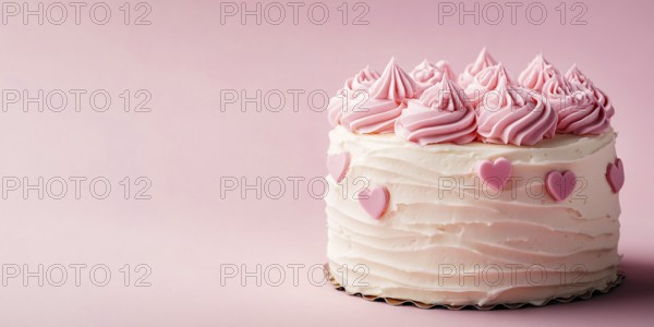 Cream cake with hearts on pastel pink background with copy spacee. Generative Ai, AI generated