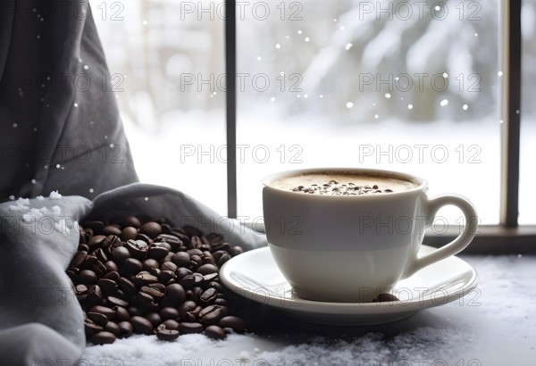 Coffee cup on a plate by a snow covered window creating a cozy winter feeling, AI generated