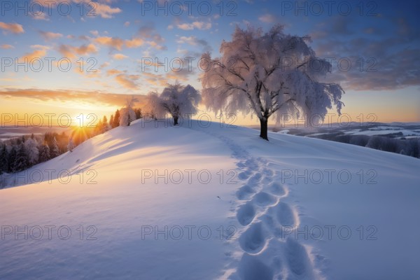 Footprints in fresh snow on a hill with a row of trees in winter in golden sunrise light, AI