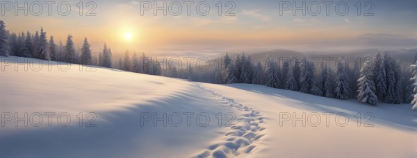 Footprints in fresh snow on a hill with a row of trees in winter in golden sunrise light, AI