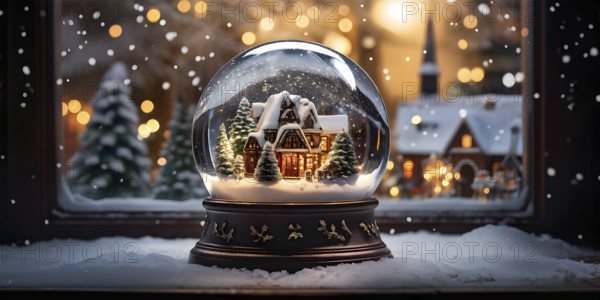 Snow globe with a tiny festive village inside, capturing the swirling snow and the light