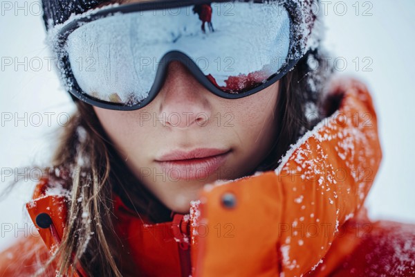 Woman's face with ski sunglasses and hat in winter. Generative Ai, AI generated