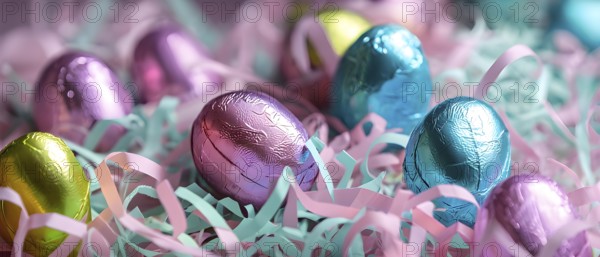 Small chocolate Easter eggs wrapped in shiny foil, placed on a bed of shredded pastel-colored