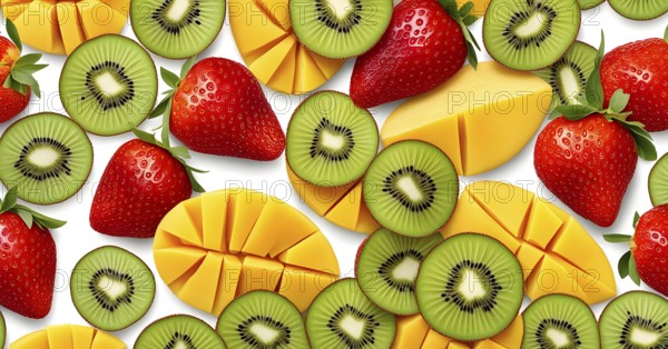 Colorful and artfully arranged slices of fruits like mangoes, strawberries, and kiwi, AI generated