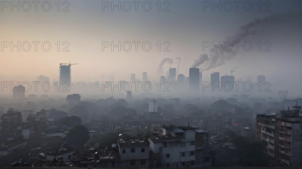 Aerial view of a mega city with smog and pollution, AI generated