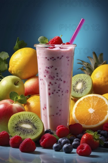 Smoothie surrounded by an assortment of fruits and vegetables, AI generated