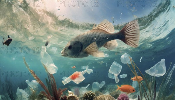 Symbolism, waste problem, plastic waste drifts in the sea and endangers animals, AI-generated,