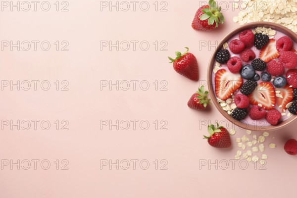 Top view of bowl with cereals and berry fruit mix on pink background with copy space. KI generiert,