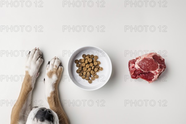 Concept of different dog feeding methods with dog paws, bowl filled with dry food kibbles and chunk
