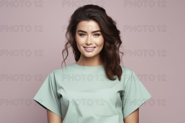 Young medical staff woman with green scrub on studio background. KI generiert, generiert, AI