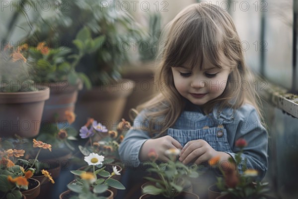 Child taking care of small plant seedlings in greenhouse. KI generiert, generiert, AI generated