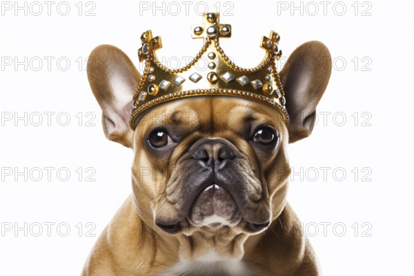 French Bulldog dog with golden crown on white background. KI generiert, generiert, AI generated