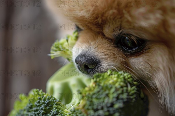 Close up of Pomeranian dog eating raw broccoli vegetable. Generative Ai, AI generated