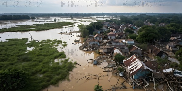 Aerial view showcases the extensive demolition within a village in massive water flood, AI