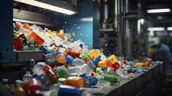 Plastic recycling process with shredded pet bottles and assorted plastic waste compressed, AI
